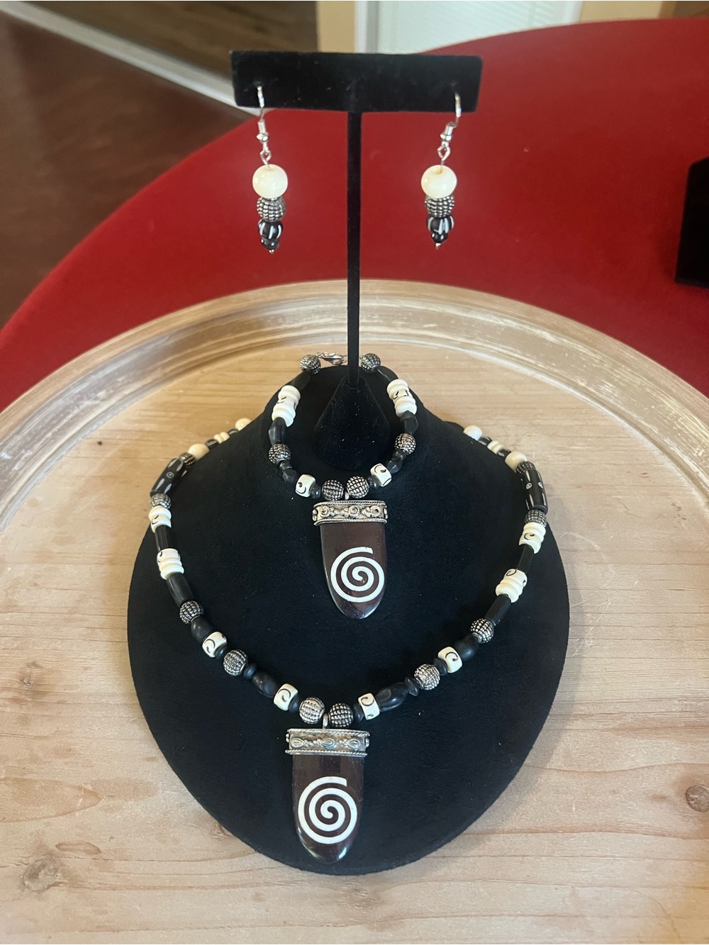 Hand Crafted Brown and White Spiral Pendant Set